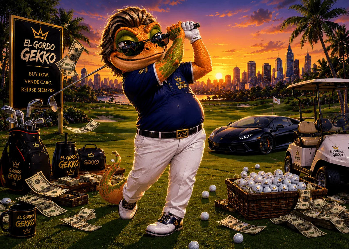 El gecko en plena tirada de golf al atardecer, con un cartel publicitario que dice comprar barato, vender caro, reírse siempre.