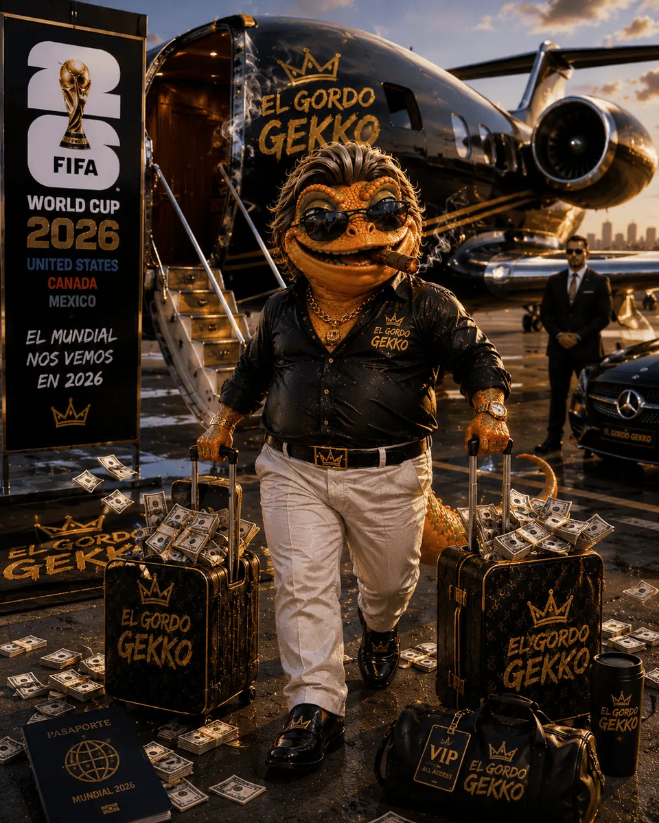 El gecko con anteojos negros alejándose de un jet privado con valijas de marca llenas de efectivo.