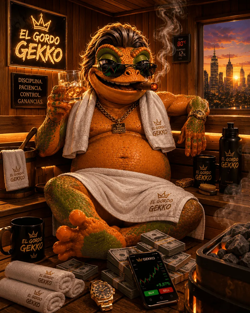 El gecko relajado en un sauna con una placa que dice disciplina, paciencia, control, ganancias, y un teléfono que muestra un gráfico en verde.