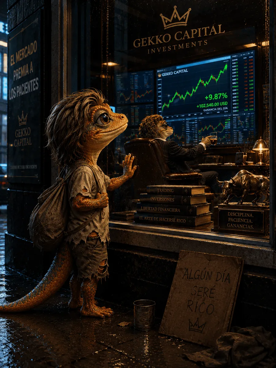 Un gecko chiquito y harapiento apoya la mano contra la ventana mojada por la lluvia de Gekko Capital Investments, mirando a un gecko próspero adentro; un cartel de cartón dice 'algún día seré rico'.