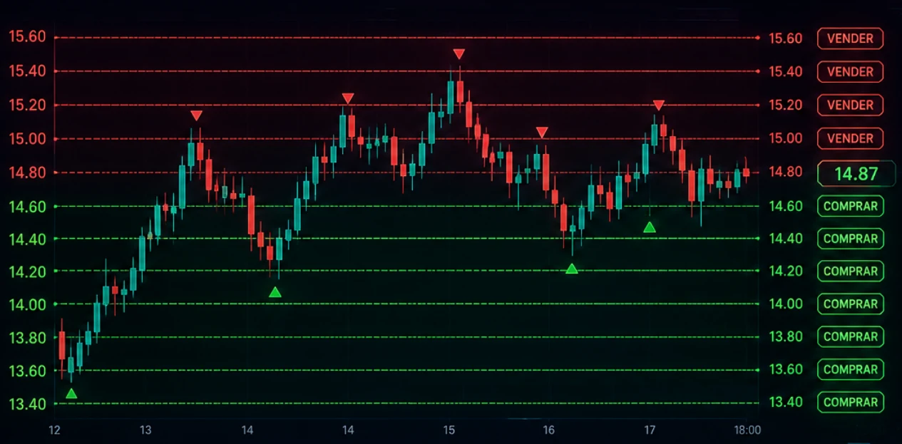 Gráfico de velas con una grilla de precios superpuesta: líneas verdes punteadas abajo del precio actual marcadas COMPRAR, líneas rojas arriba marcadas VENDER, y el precio actual en 14,87. Triángulos verdes señalan las compras que se ejecutaron en las bajadas y triángulos rojos las ventas que se ejecutaron en las subidas.