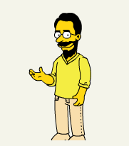 MNB dibujado como personaje de Los Simpson: pelo negro, barba, anteojos y sweater amarillo, saludando con la mano.